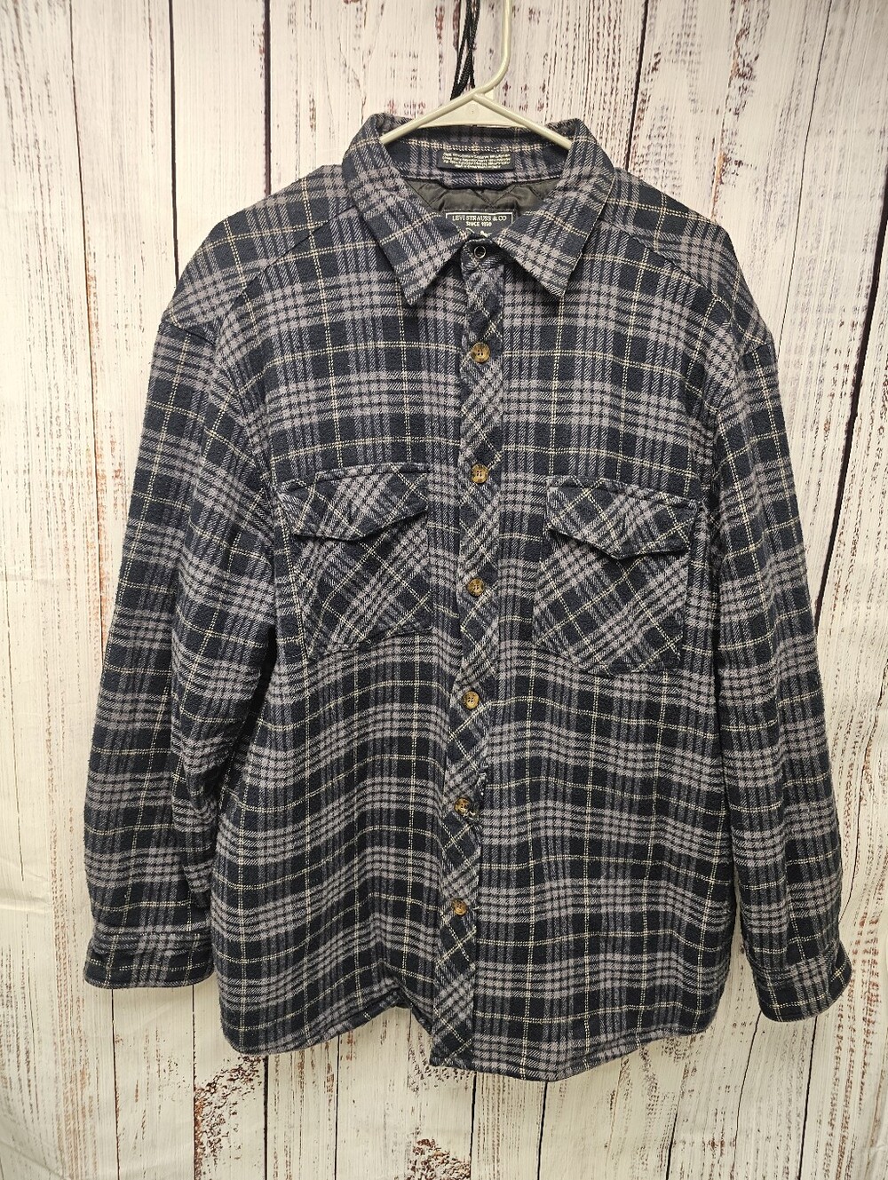 Levi Strauss & Co. Quilted Lined Plaid Flannel Shirt Jacket Gray Black Men's L